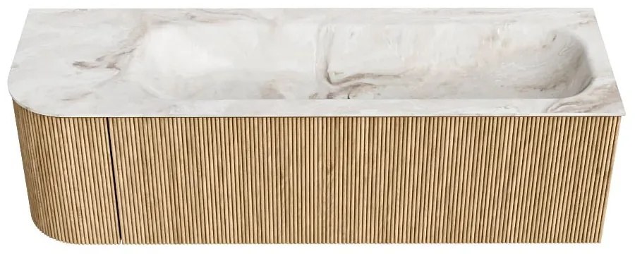 Mondiaz Kurve-dlux 145cm badmeubel ronding links oak met 1 lade en deur en wastafel big large kraangat rechts frappe