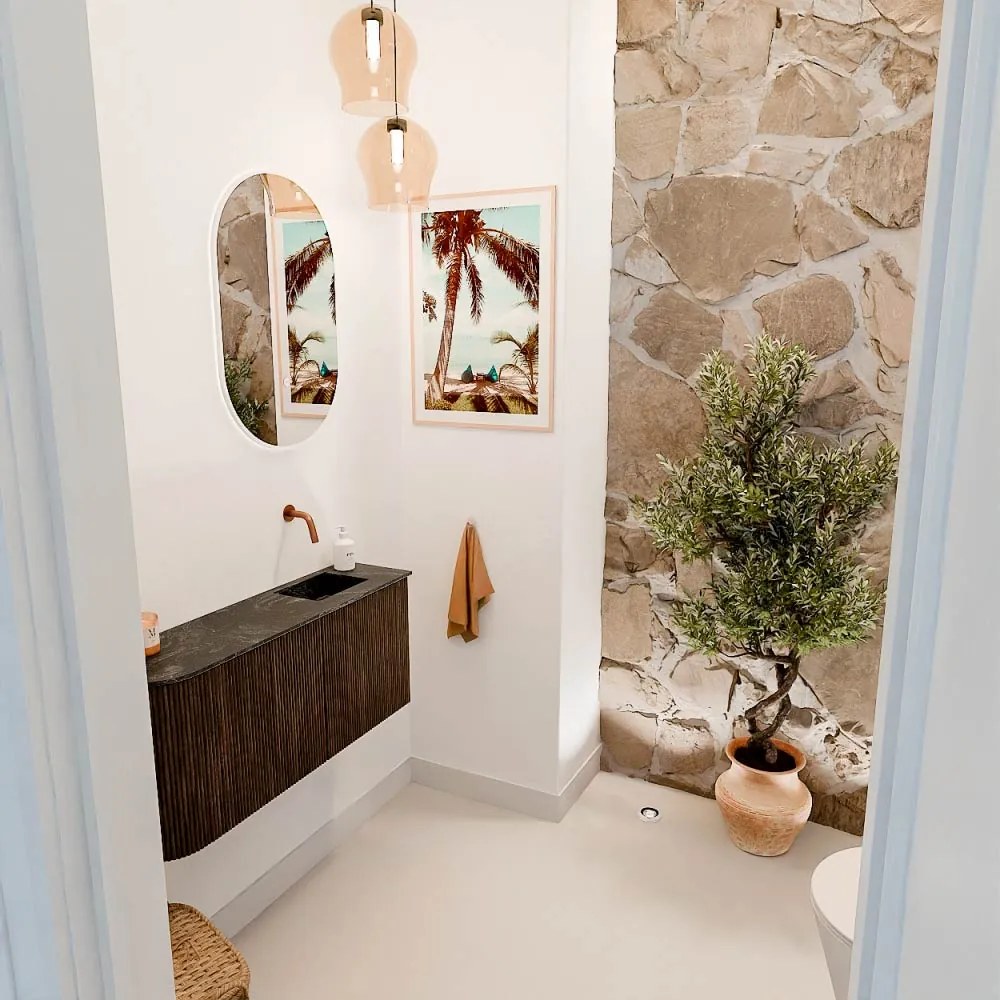 Mondiaz Joya DLux 90cm toiletmeubel ronding links walnut met wastafel faye rechts zonder kraangat lava