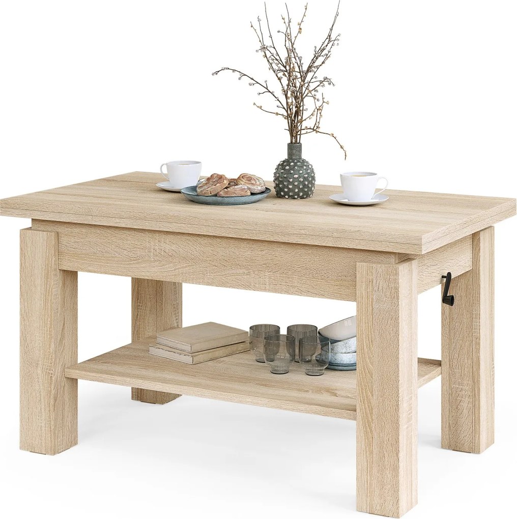 BRAVO sonoma eiken – uitschuifbare en in hoogte verstelbare salontafel, tafel met plank