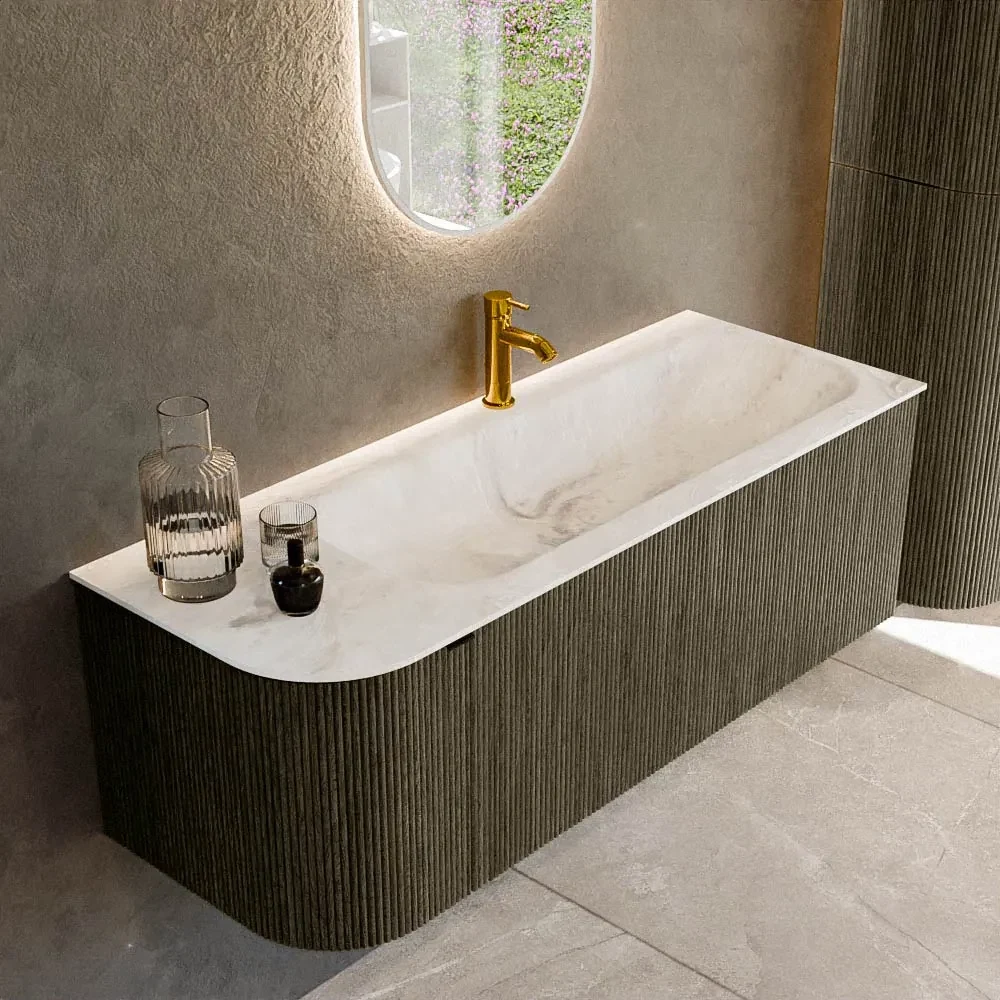 Mondiaz Kurve-dlux 125cm badmeubel ronding links shadow met 1 lade en deur en wastafel big medium kraangat rechts frappe