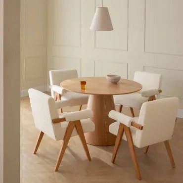 Ronde Tafelset Ø120 Cm In Essenfineer Aura En 4 Eetkamerstoelen In Hout En Bouclé Stof Lucca Essenfineer - Sklum