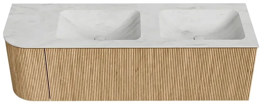 Mondiaz Kurve-dlux 145cm badmeubel ronding links oak met 1 lade en deur en wastafel leaf dubbel/rechts zonder kraangat opalo