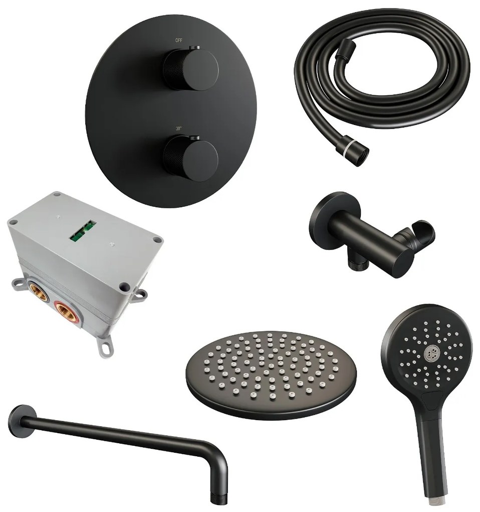Brauer Black Carving thermostatische inbouw regendouche met 3 standen handdouche, gebogen muurarm en hoofddouche 20cm set 81 zwart mat