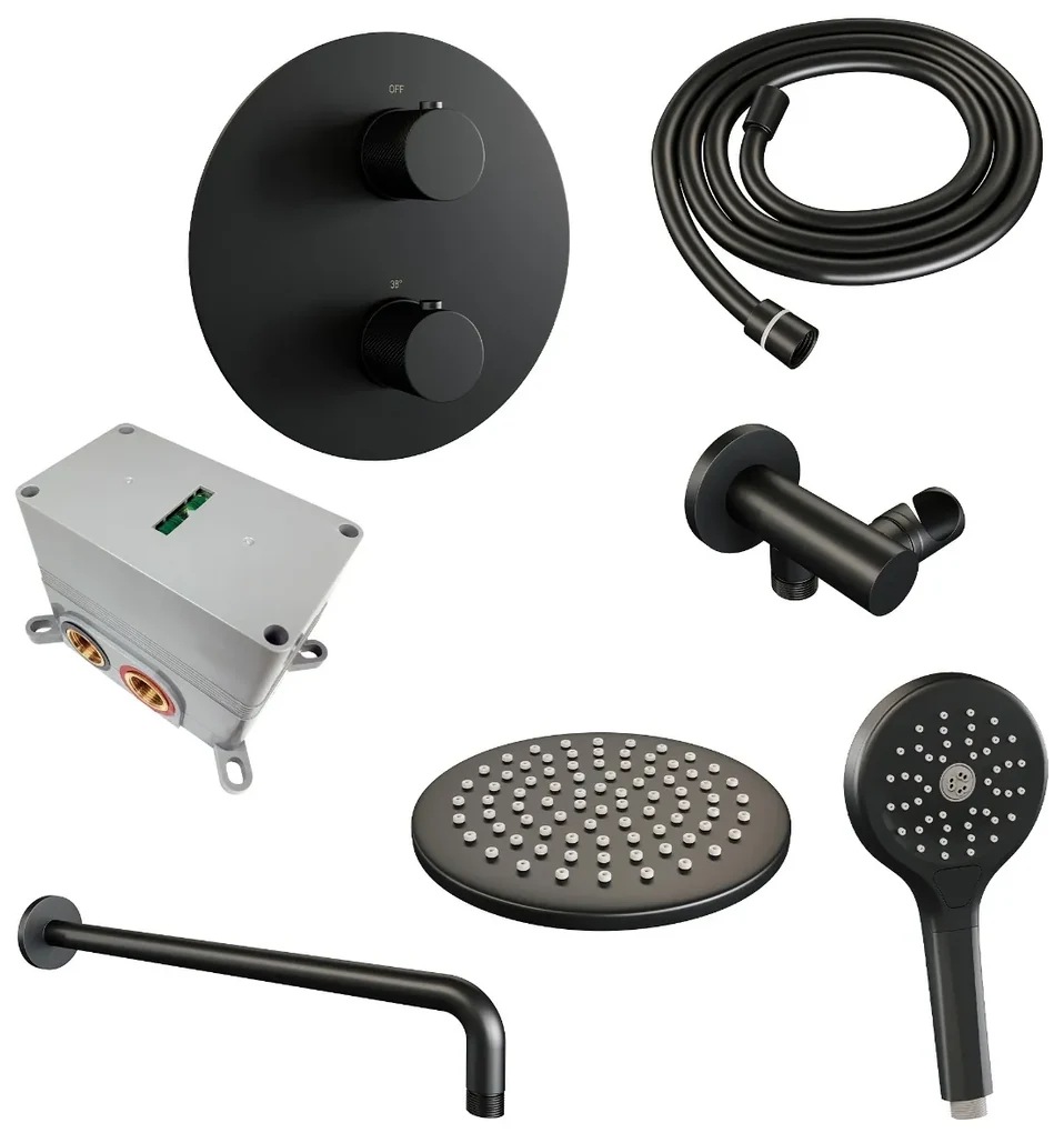Brauer Black Carving thermostatische inbouw regendouche met 3 standen handdouche, gebogen muurarm en hoofddouche 20cm set 81 zwart mat
