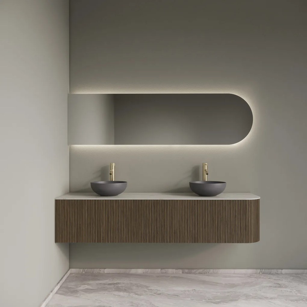 Gliss Design Alluro badmeubel ribbelfront met ronding rechts 180cm ash grey en wit marmer toppaneel