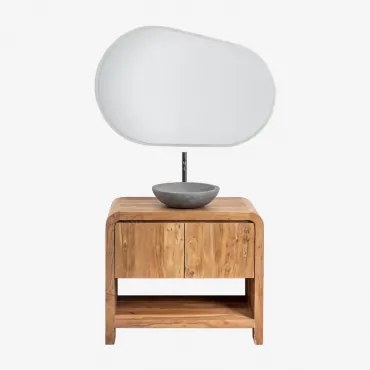 Vacry Houten Badkamermeubelset Acacia Bruin & Rond Grijs Cement Ø40 Cm Tarsis & Ovaal Led En Anticondens 100x80 Cm Riben & Mat Zwart ↑30 Cm Met Afvoer