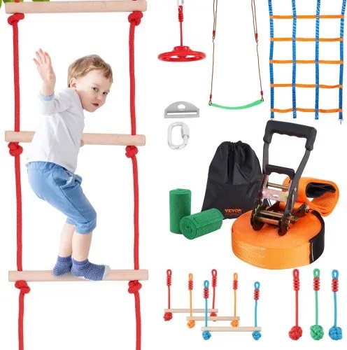 VEVOR Ninja Slackline Obstacles Set 15,24 m Slacklines, 226,8 kg laadvermogen Ninja Obstacle Course, Buitenspeeltoestel, Speeltoestel voor in de tuin, Set met 10 Obstacles
