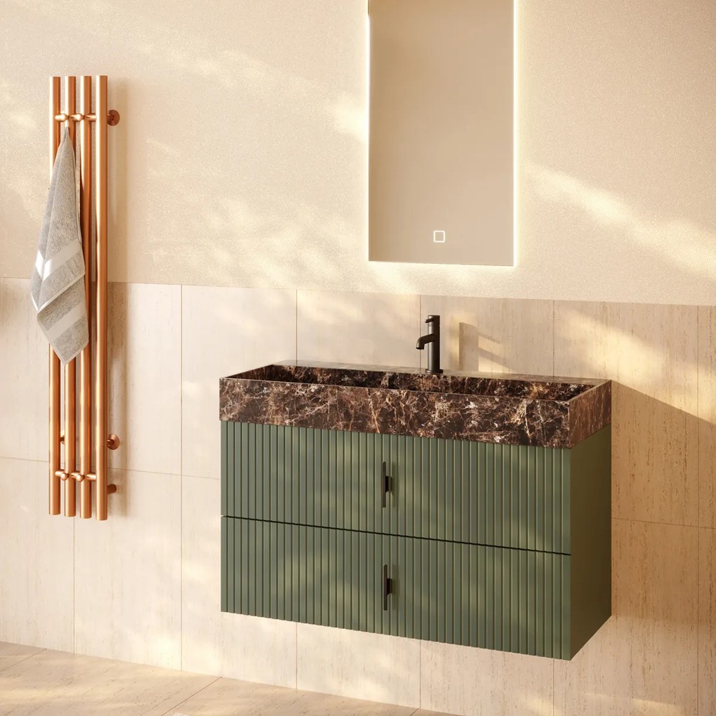Muebles Murcia badmeubel ribbelfront 100cm legergroen met Dark Emperador wastafel met kraangat