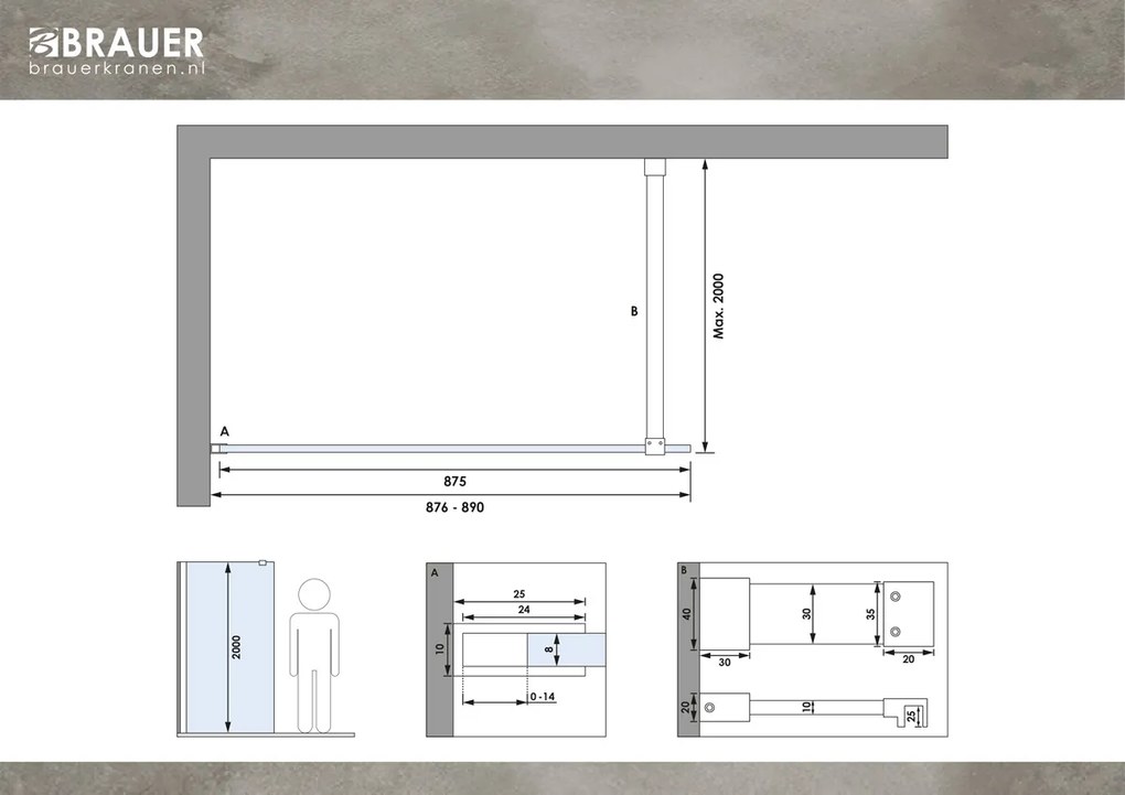 Brauer Copper Season Inloopdouche helder glas 90x200 met muurprofiel koper geborsteld