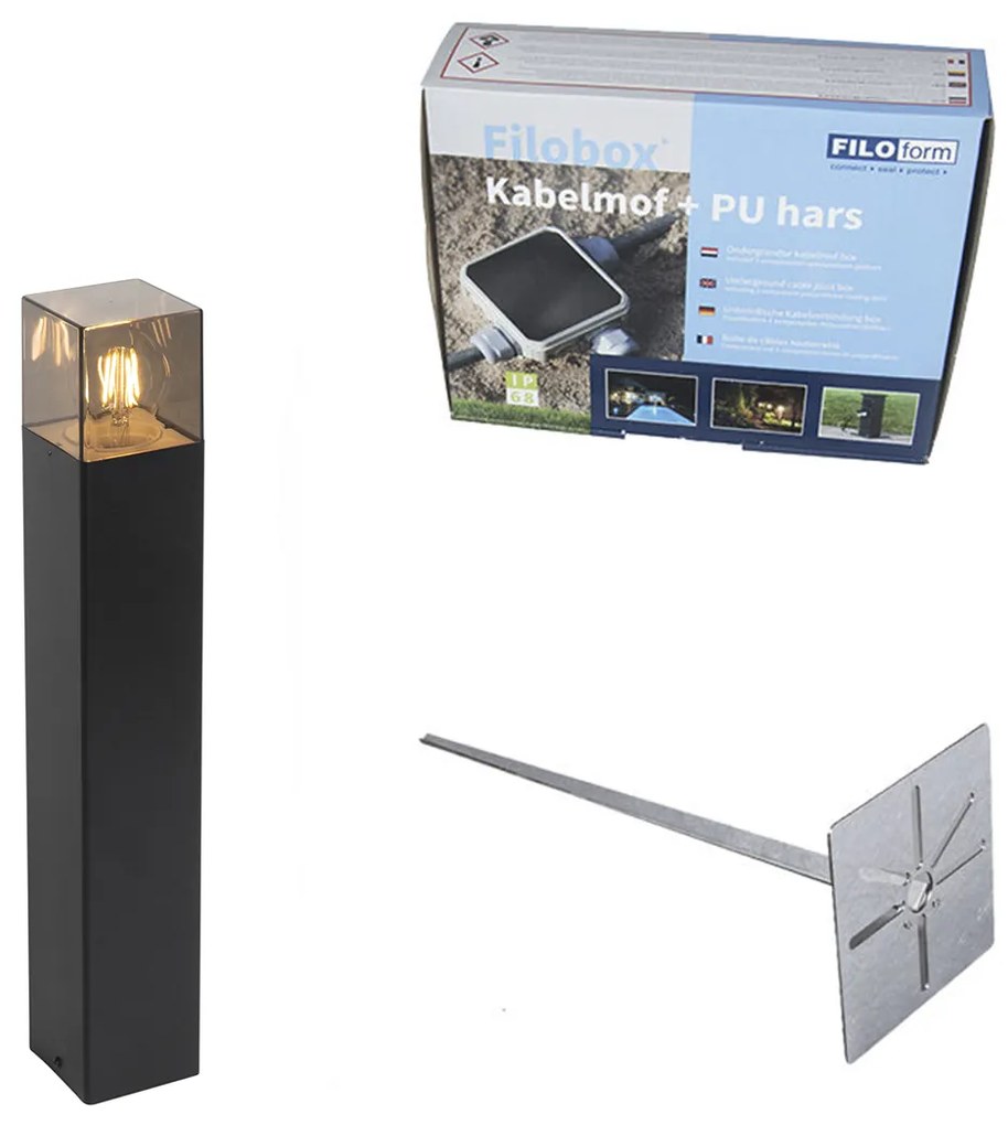 Buitenlamp zwart met smoke glas met grondpin en kabelmof 50cm IP44 - Denmark Modern E27 IP44 Buitenverlichting