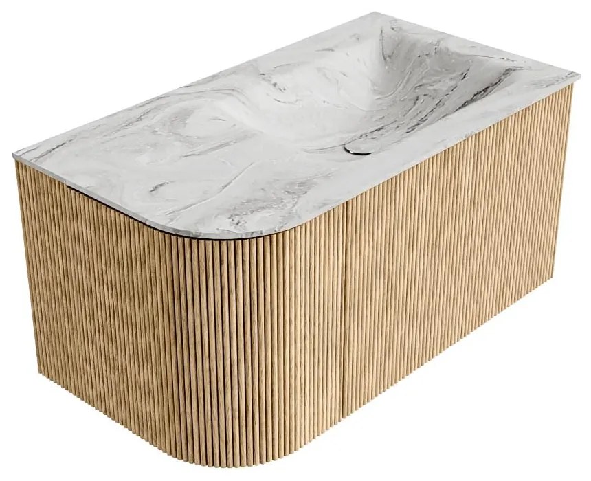 Mondiaz Kurve-dlux 85cm badmeubel ronding links oak met 1 lade en deur en wastafel cloud rechts zonder kraangat glace