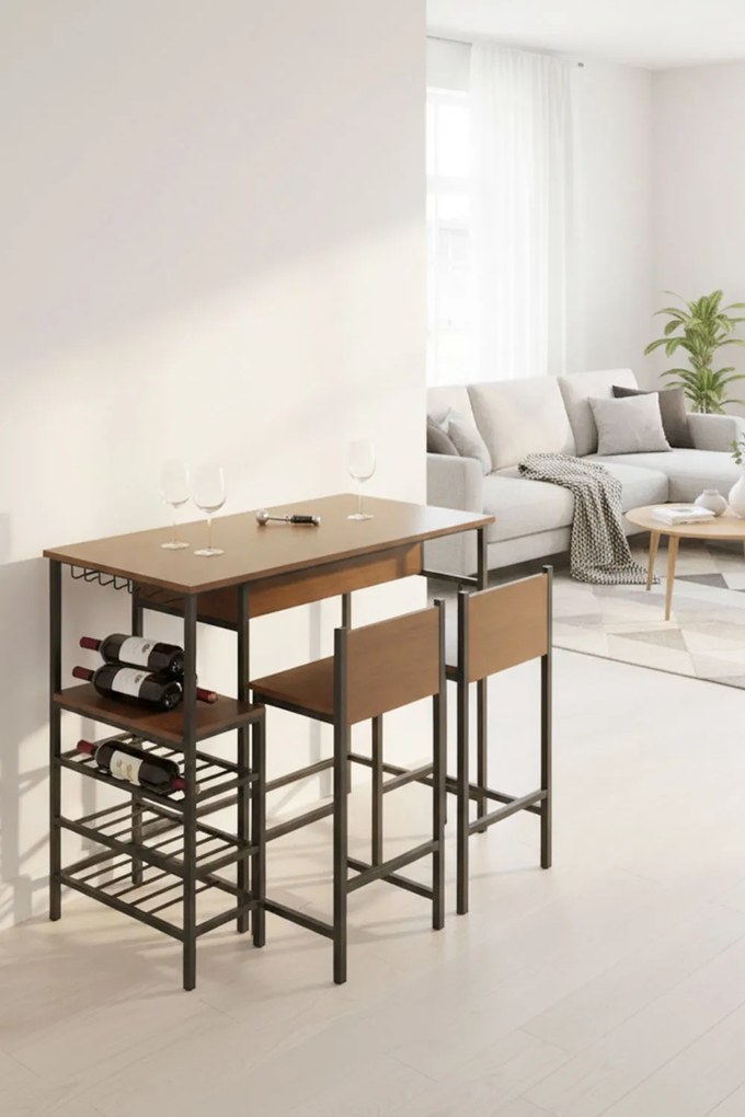 Hoge tafel barset met flessenrek + 2 Carbar krukken