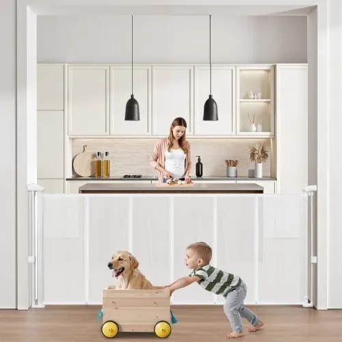 VEVOR Intrekbaar babyhekje (max. 180 cm breed x 87 cm hoog), intrekbaar hek voor kinderen of huisdieren, gaasmateriaal, deurstophekje voor binnentrappen, deuren, gangen, speelkamers, wit