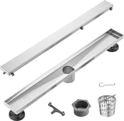 VEVOR 609 x 70 x 70 mm lineaire doucheafvoer, verspringend met tegelinzetstuk, geborsteld roestvrij staal 304, rechthoekige douchevloerafvoer, lineaire afvoer met stelvoeten, haarzeef, zilver
