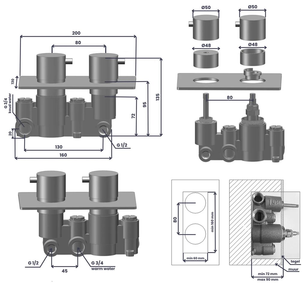Saniclear Cube Curved inbouw regendouche met inbouw douchekop 30x30cm geborsteld koper