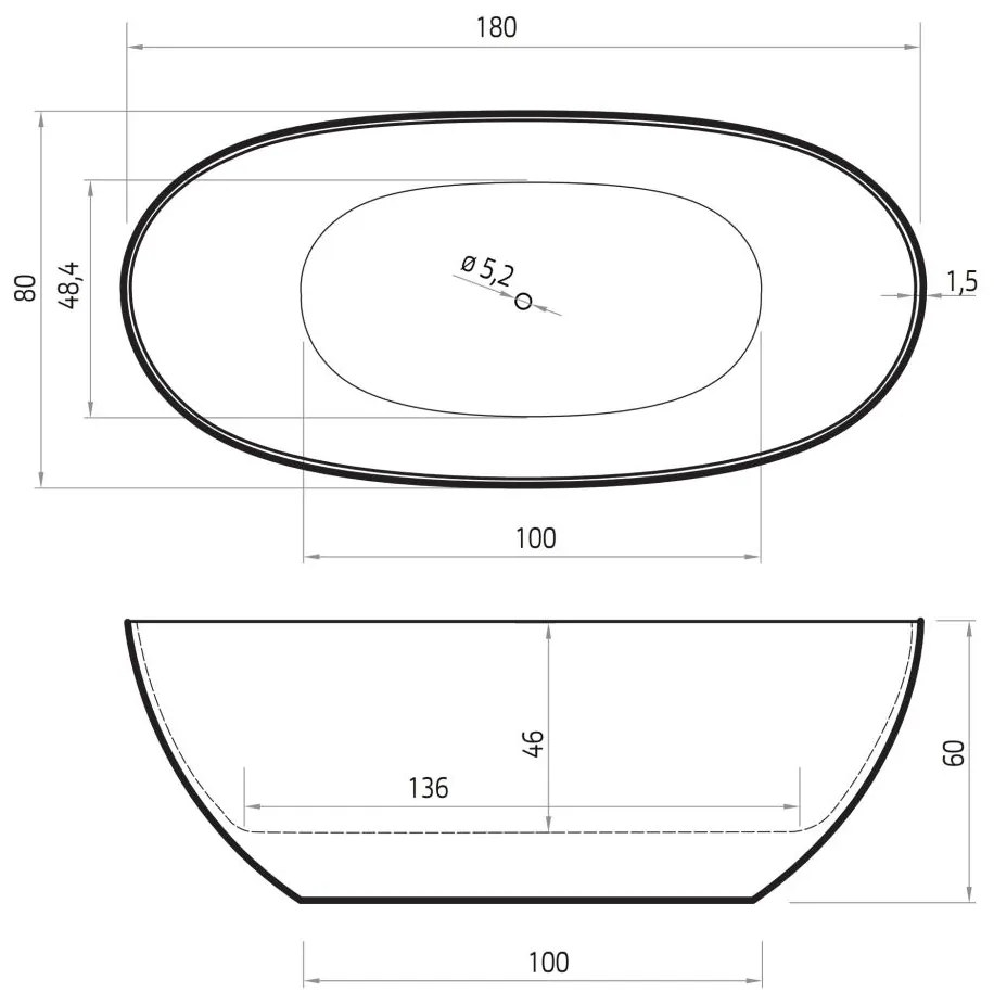 Xenz Michelle vrijstaand bad solid surface 180x80x60cm wit mat