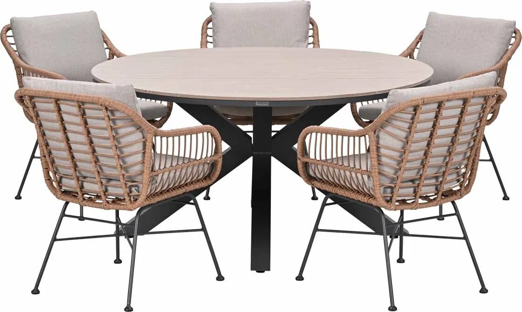 Garden Impressions Lucas tuinset bruin 6-delig - Tulli tuintafel light teak look Ø148 cm