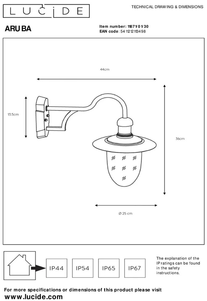 Lucide Aruba wandlamp 60W 45x35cm zwart