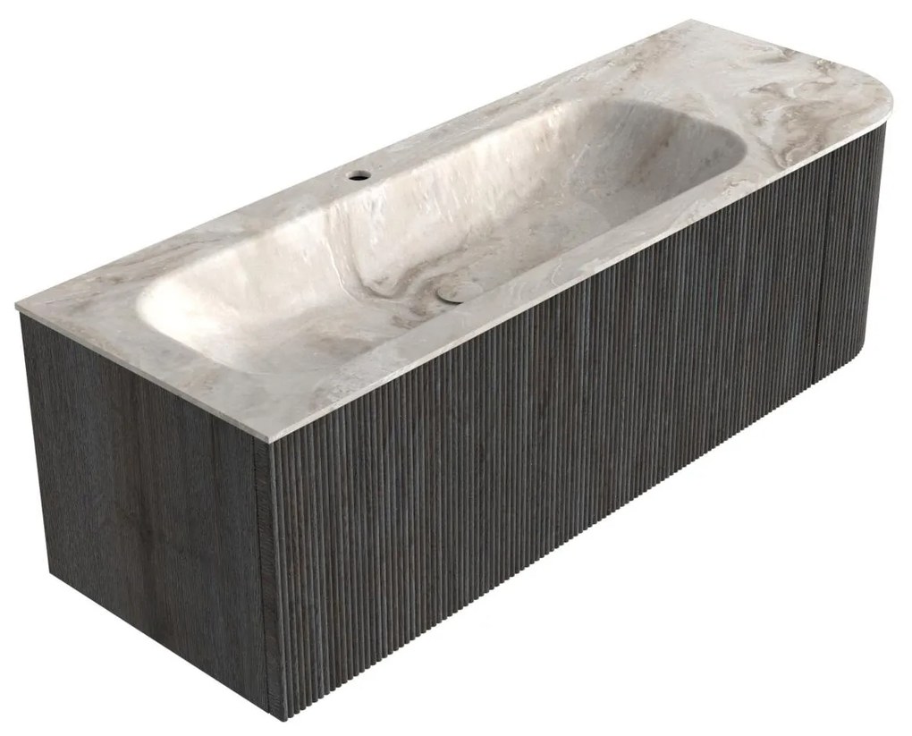 Mondiaz Kurve-dlux 135cm badmeubel ronding rechts shadow met 1 lade en deur en wastafel big medium kraangat links frappe