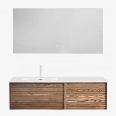 Badmeubelset Van Hout Met Geïntegreerde Wastafel Solea Natuurlijk Hout & Rectangular Led And Antifog 140x75 Cm Riben & Wit ↑20 - Sklum