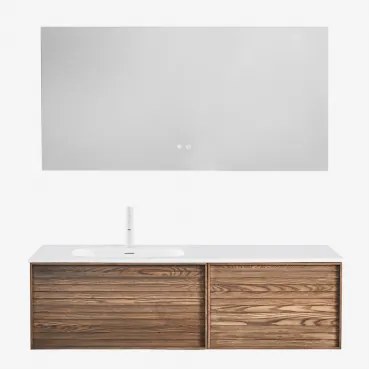 Conjunto Vaniteit Hangend 140x50 Cm In Hout Met Geïntegreerde Wastafel Solea Ash Brown & Wit ↑20 Cm Met Overloop Aftapventiel Orveta & Rectangular Led