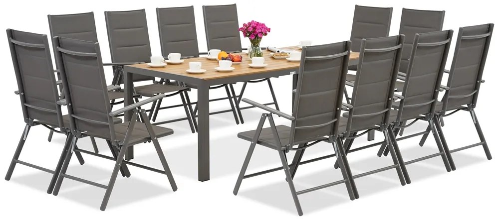 Garden Point grijze aluminium tuinmeubelen met grote Verona Wood tafel voor 12 personen