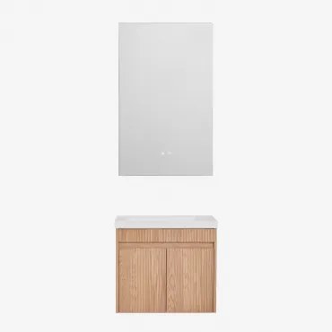 Narek Zwevend Houten Badkamermeubelset Met Geïntegreerde Wastafel Zonder Kraan & Ash Brown & Rectangular Led And Antifog 55x90 Cm Riben & ↔ - Sklum