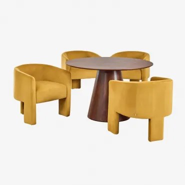 Ronde Eettafel Set Ø120 Cm In Notenhoutfineer Aura En 4 Eetkamerstoelen In Fluweel Xastru Walnootfineer - Sklum