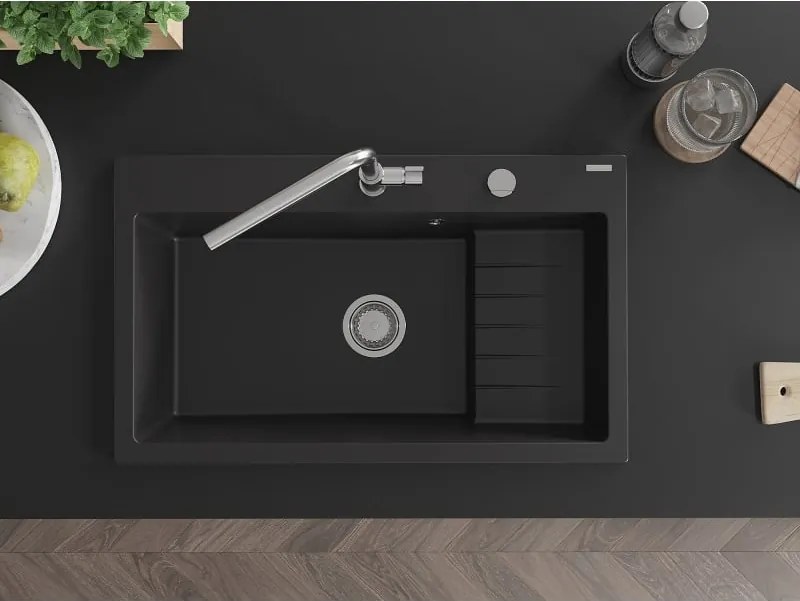 Mexen Omar granieten gootsteen 1-komorig 800 x 480 mm, zwart, chroom sifon - 6520801005-77