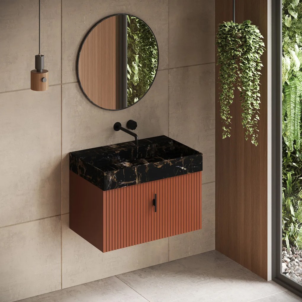 Muebles Zahora badmeubel ribbelfront 80cm terracotta met Portoro Gold wastafel zonder kraangat
