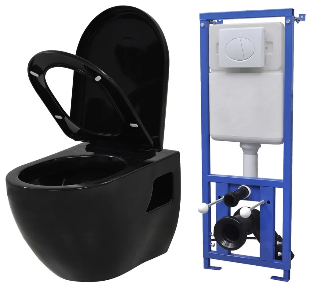 vidaXL Hangend toilet met verborgen stortbak keramiek zwart