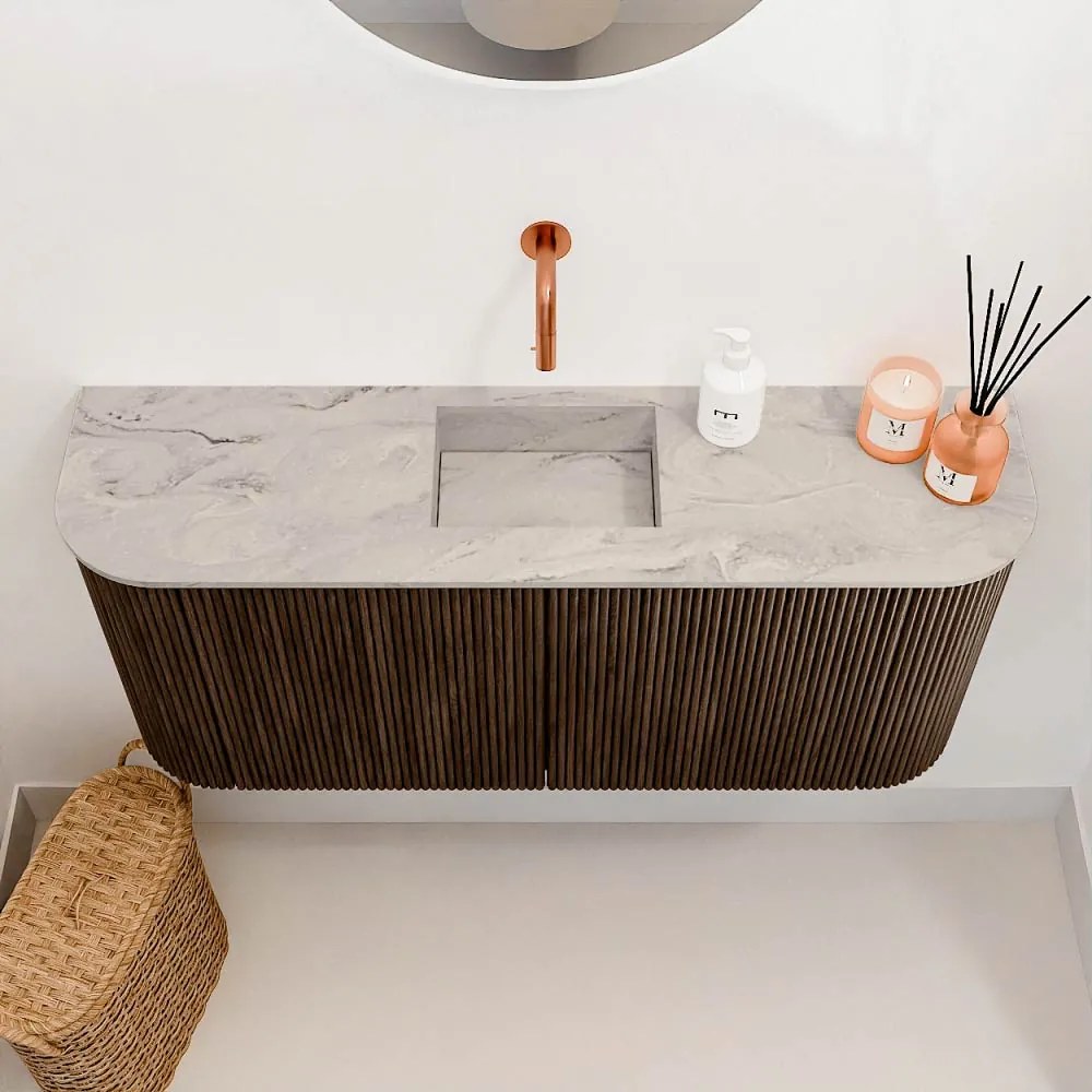 Mondiaz Joya DLux 95cm toiletmeubel ronding links/rechts walnut met wastafel faye midden zonder kraangat glace