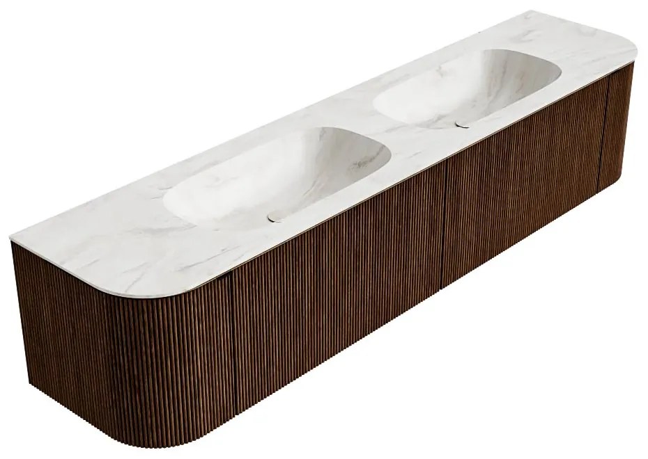 Mondiaz Kurve-dlux 200cm badmeubel ronding links/rechts walnut met 2 lades en deuren en wastafel stor small dubbel 2 kraangaten ostra