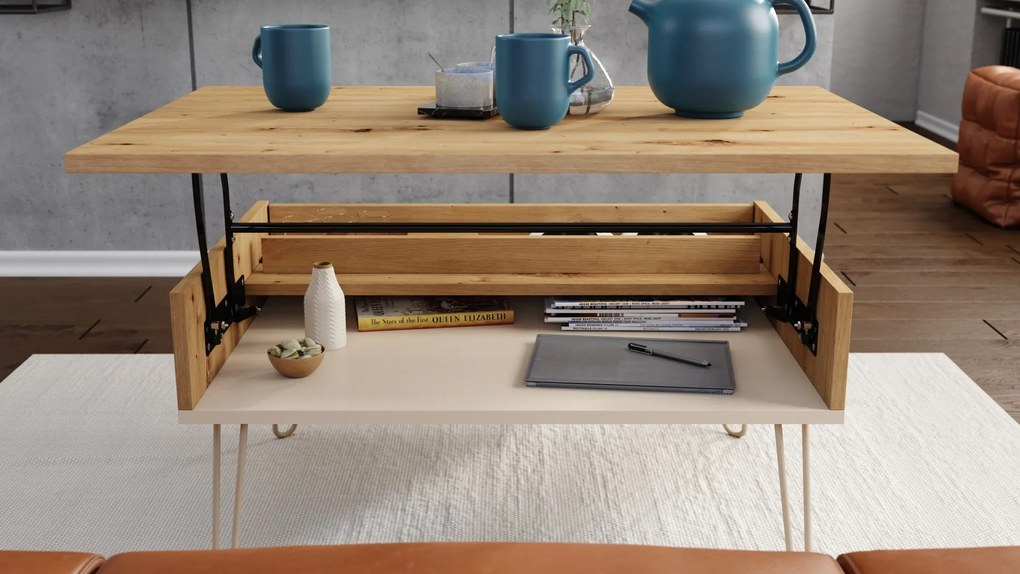 HAIRPIN S-90 Eik Artisan/Beige (Champagne) - MODERNE SALONTAFEL MET OPKLAPBAAR BLAD + OPBERGRUIMTE + PLANK