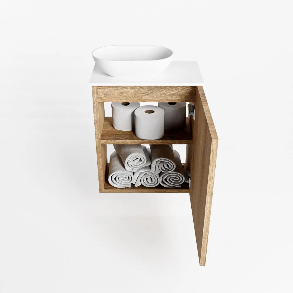 Mondiaz Fowy toiletmeubel 40cm washed oak met witte waskom links en kraangat