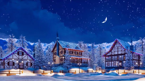 Foto Snowbound alpine mountain town at winter night, Marseas