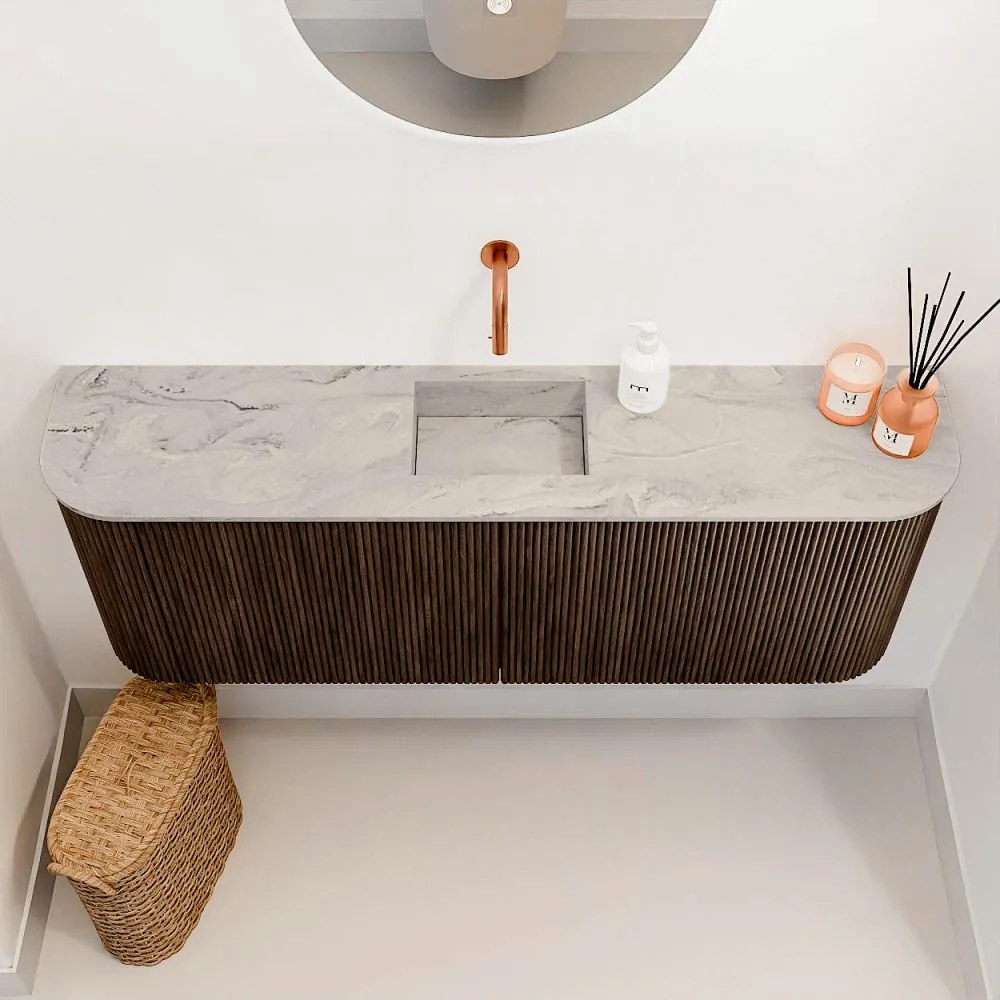 Mondiaz Joya DLux 115cm toiletmeubel ronding links/rechts walnut met wastafel faye midden zonder kraangat glace