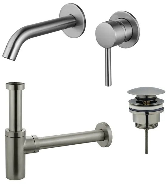 Fortifura Calvi Slim Wastafelkraanset - inbouw wastafelkraan - klikwaste plug - design sifon - Geborsteld RVS PVD (RVS) SW377860/SW696201/SW696212
