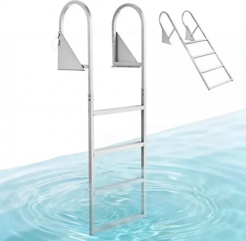 VEVOR Opvouwbare aanlegsteigerladder, bootladder met 4 antislip treden, brede pedalen en leuning, zwembadladder met een draagvermogen van 159 kg, gemaakt van aluminiumlegering, toegangsladder voor steigers, zwembaden, meren en boten, zilverkleurig