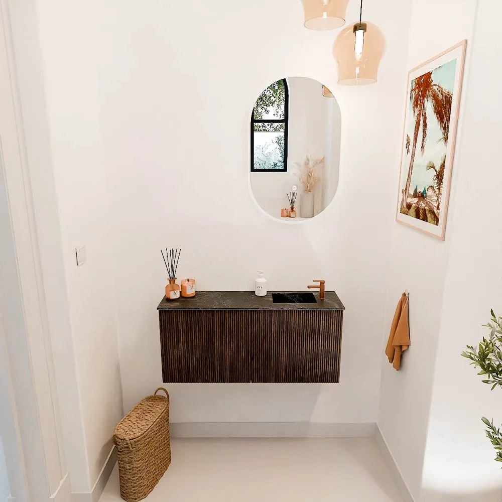 Mondiaz Joya DLux 90cm toiletmeubel walnut met wastafel faye rechts 1 kraangat lava