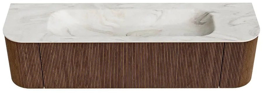 Mondiaz Kurve-dlux 170cm badmeubel ronding links/rechts walnut met 1 lade en 2 deuren en wastafel big large midden 2 kraangaten ostra