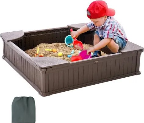 VEVOR Zandbak met deksel, vierkante zandbak, HDPE zandbak met 4 hoekbanken en vloermat, kinderzandbak, cadeau voor jongens en meisjes van 3-12 jaar, bruin