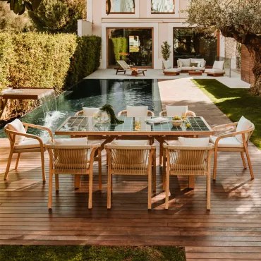 Set Van Een Rechthoekige Tafel 200x100 Cm In Tegellook En 8 Tuinstoelen Van Acaciahout En Cement Dubai Donkergroen & Rustiek Acaciabruin - Sklum