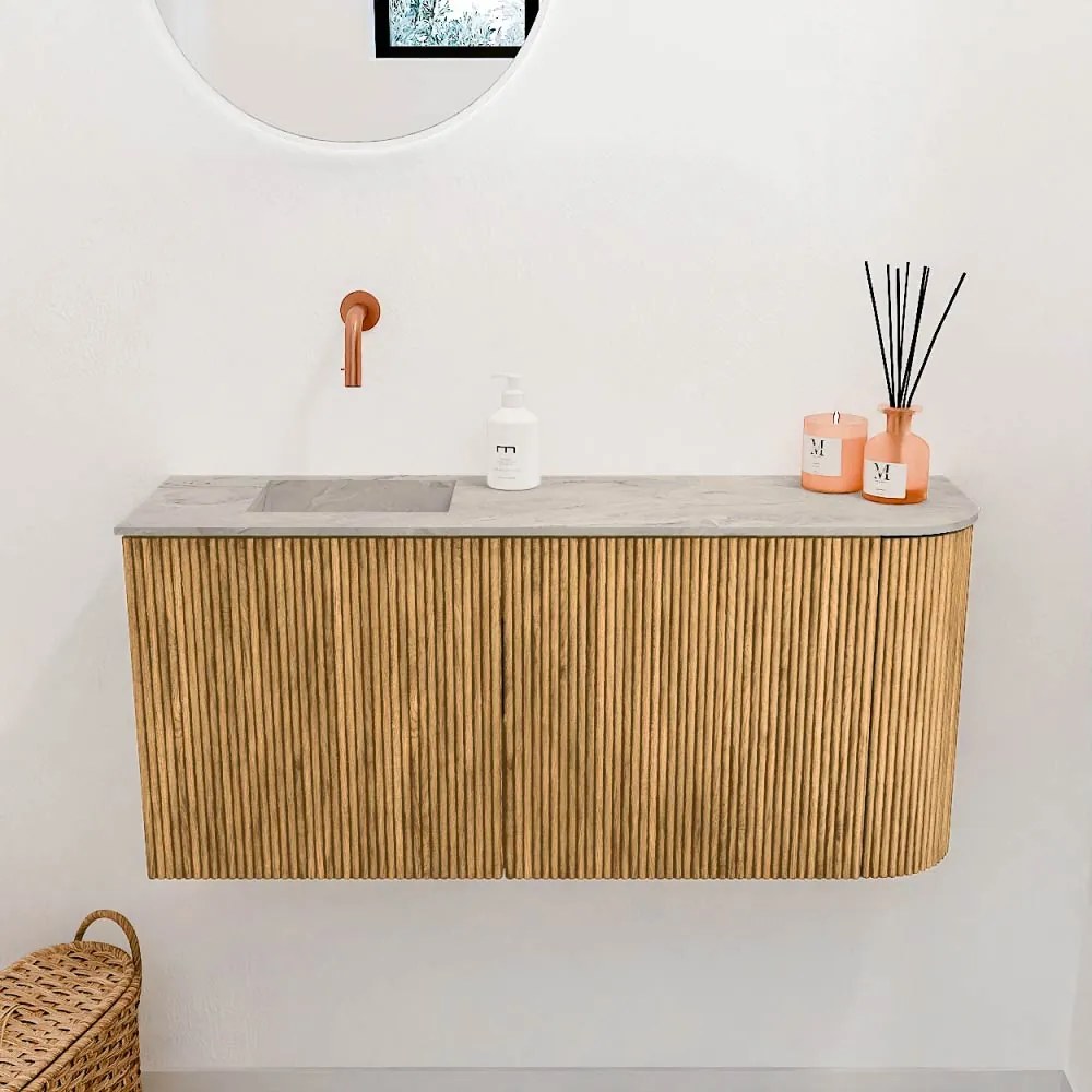 Mondiaz Joya DLux 90cm toiletmeubel ronding rechts oak met wastafel faye links zonder kraangat glace