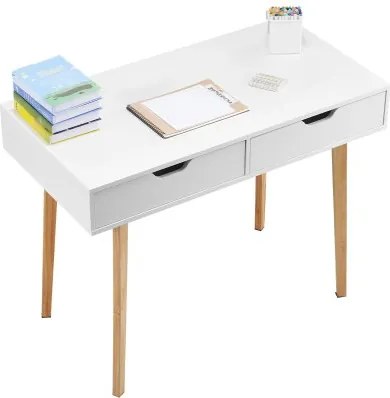VEVOR Klein bureau met 2 lades voor de slaapkamer, eenvoudige houten bureau om te tekenen en lezen, rechthoekige MDF-werktafel met opbergruimte voor thuiskantoor, wit + hout