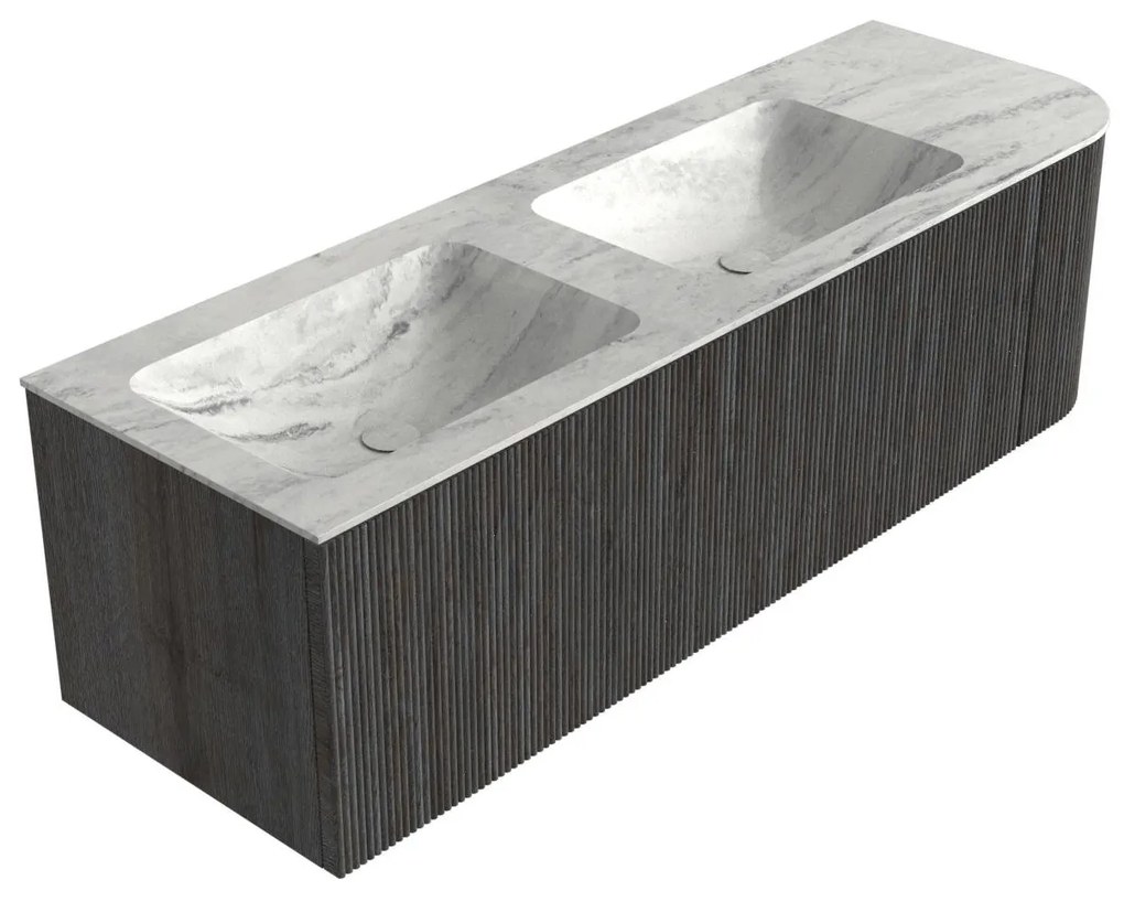 Mondiaz Kurve-dlux 145cm badmeubel ronding rechts shadow met 1 lade en deur en wastafel leaf dubbel/links zonder kraangat opalo