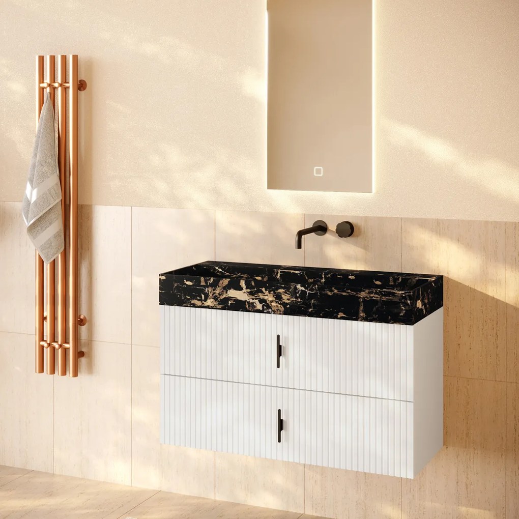 Muebles Murcia badmeubel ribbelfront 100cm wit mat met Portoro Gold wastafel zonder kraangat