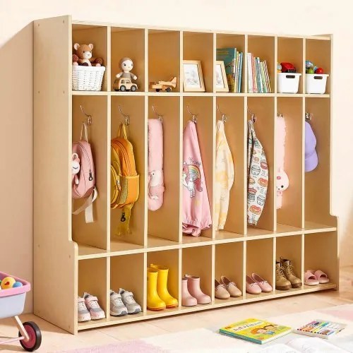 VEVOR Open Kinderkledingkast van multiplex, kinderkledingkast met 16 haken en 24 vakken (8 grote + 16 kleine), kledingkastplank en opbergplank voor kinderkamer, thuis, kleuterschool, kinderdagverblijf