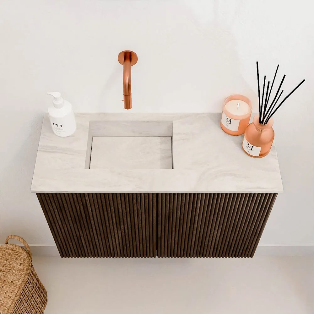 Mondiaz Joya DLux 60cm toiletmeubel walnut met wastafel faye links zonder kraangat ostra