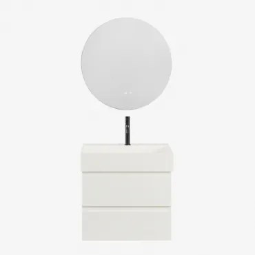 Ona Zwevend Badkamermeubelset Van Hout En Essenfineer Met Geïntegreerde Wastafel Wit & Round Led And Antifog Ø70 Cm Riben & Mat - Sklum